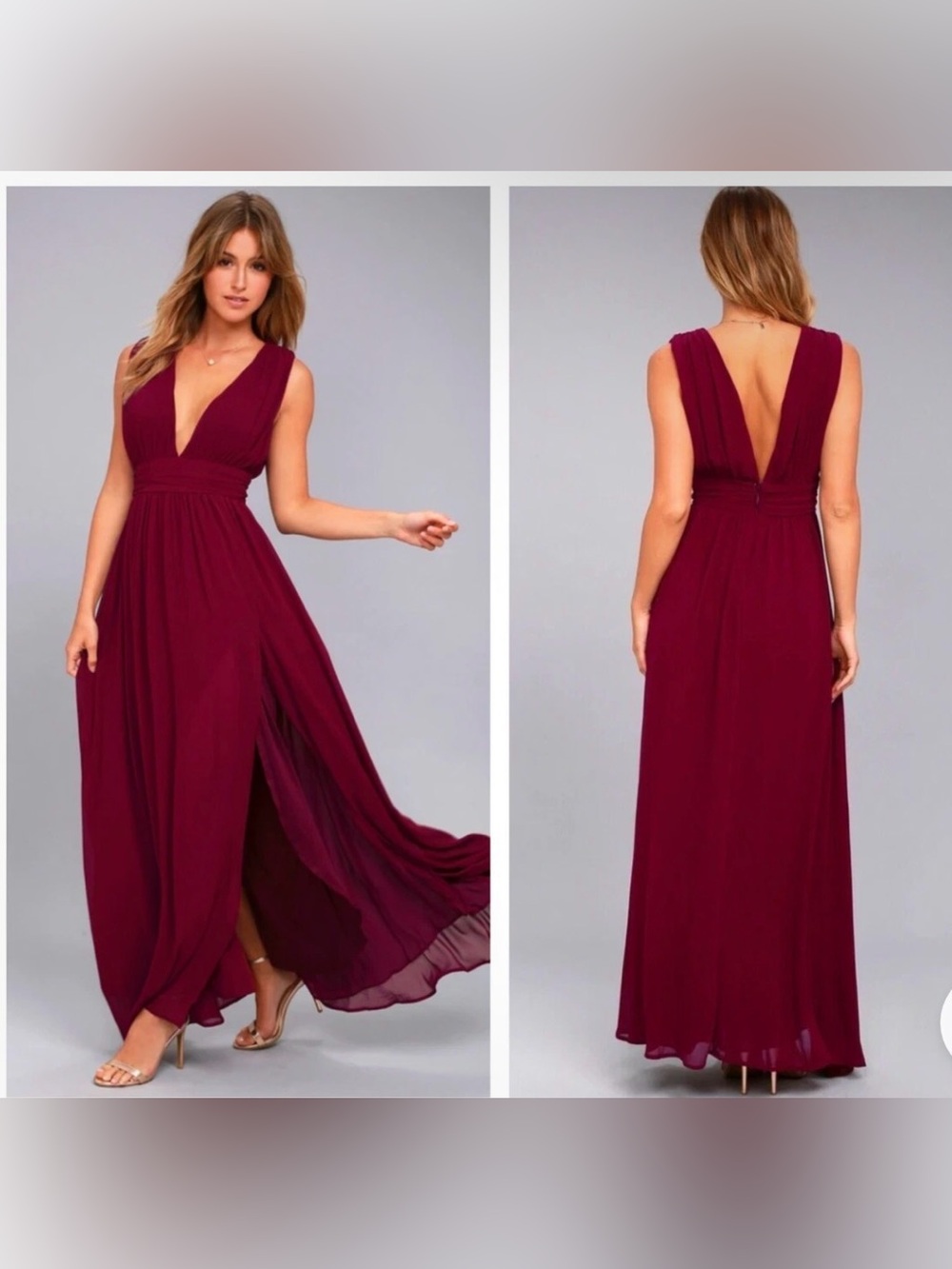 Lulu’s burgundy deep v high slit Heaveny Hues formal maxi dress Women’s sz M